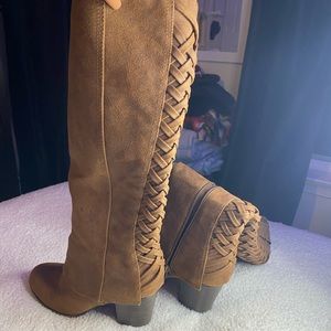 fergalicious by Fergie brown high boots with cute cross up back. Small heel